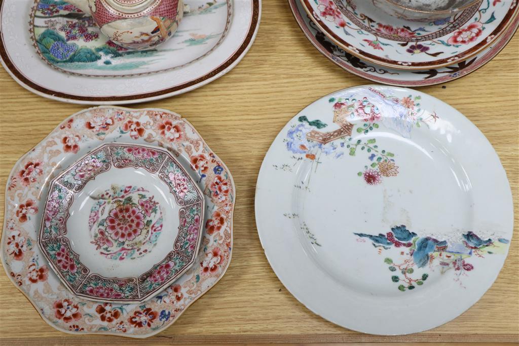 A group of mixed 18th and 19th century Chinese famille rose ceramics, some damage throughout